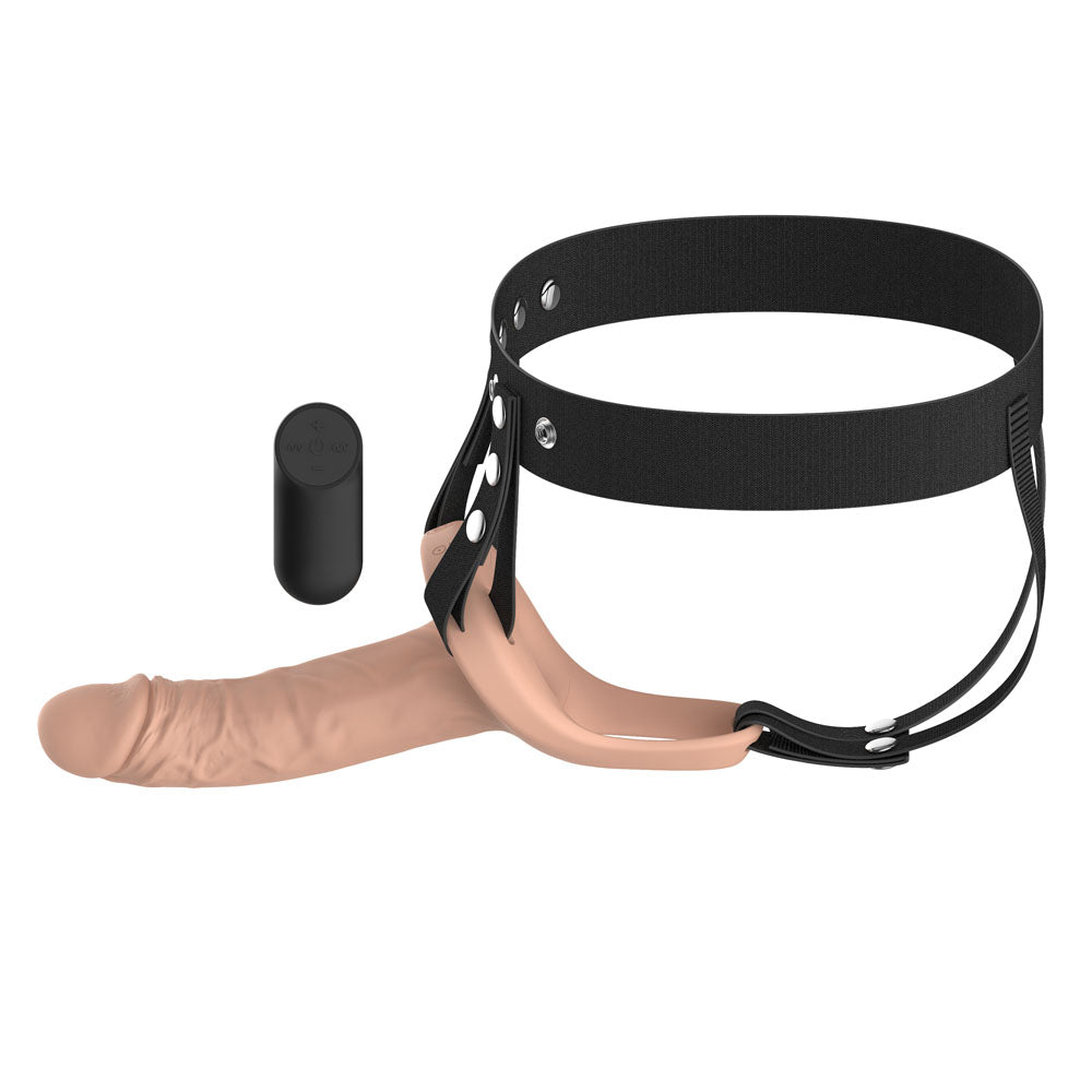 Passion Play Vibrating Realistic Hollow Strap-On - Flesh - Flesh 15.5 cm USB Rechargeable Vibrating Hollow Strap-On with Wireless Remote - PP0215