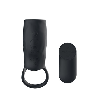 Passion Play Vibrating Cockring Sleeve - Black USB Rechargeable Vibrating Penis Sleeve with Wireless Remote - PP0259