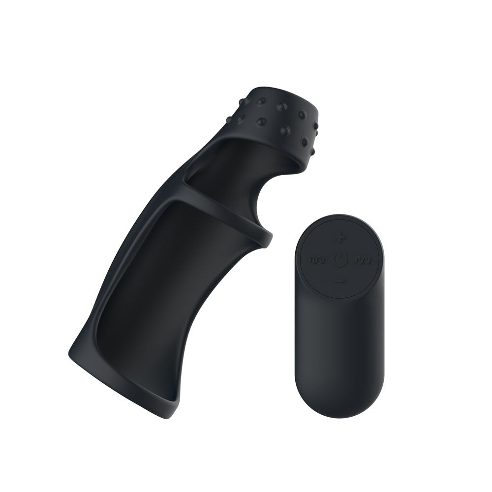 Passion Play Vibrating Cockring Sleeve - Black USB Rechargeable Vibrating Penis Sleeve with Wireless Remote - PP0260