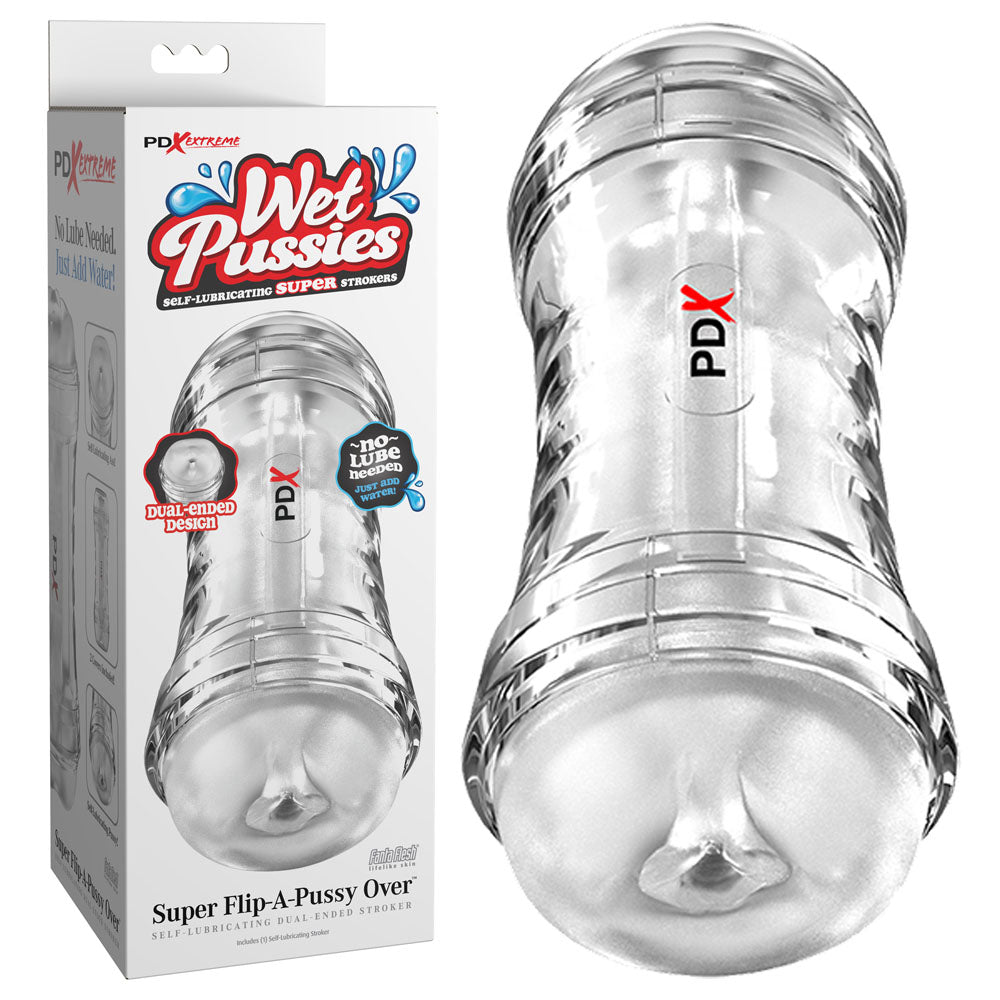 PDX Wet Pussies Super Flip-A-Pussy Over - Clear - Clear Dual Ended Self Lubricating Stroker (Vagina & Ass) - RD446-20