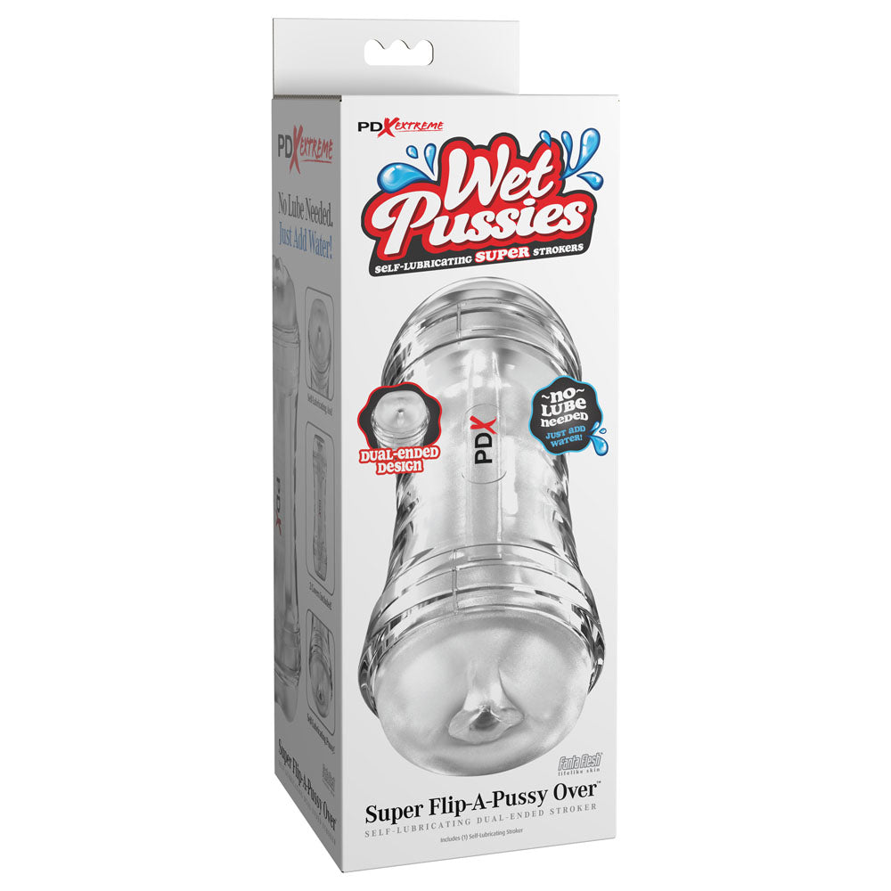 PDX Wet Pussies Super Flip-A-Pussy Over - Clear - Clear Dual Ended Self Lubricating Stroker (Vagina & Ass) - RD446-20