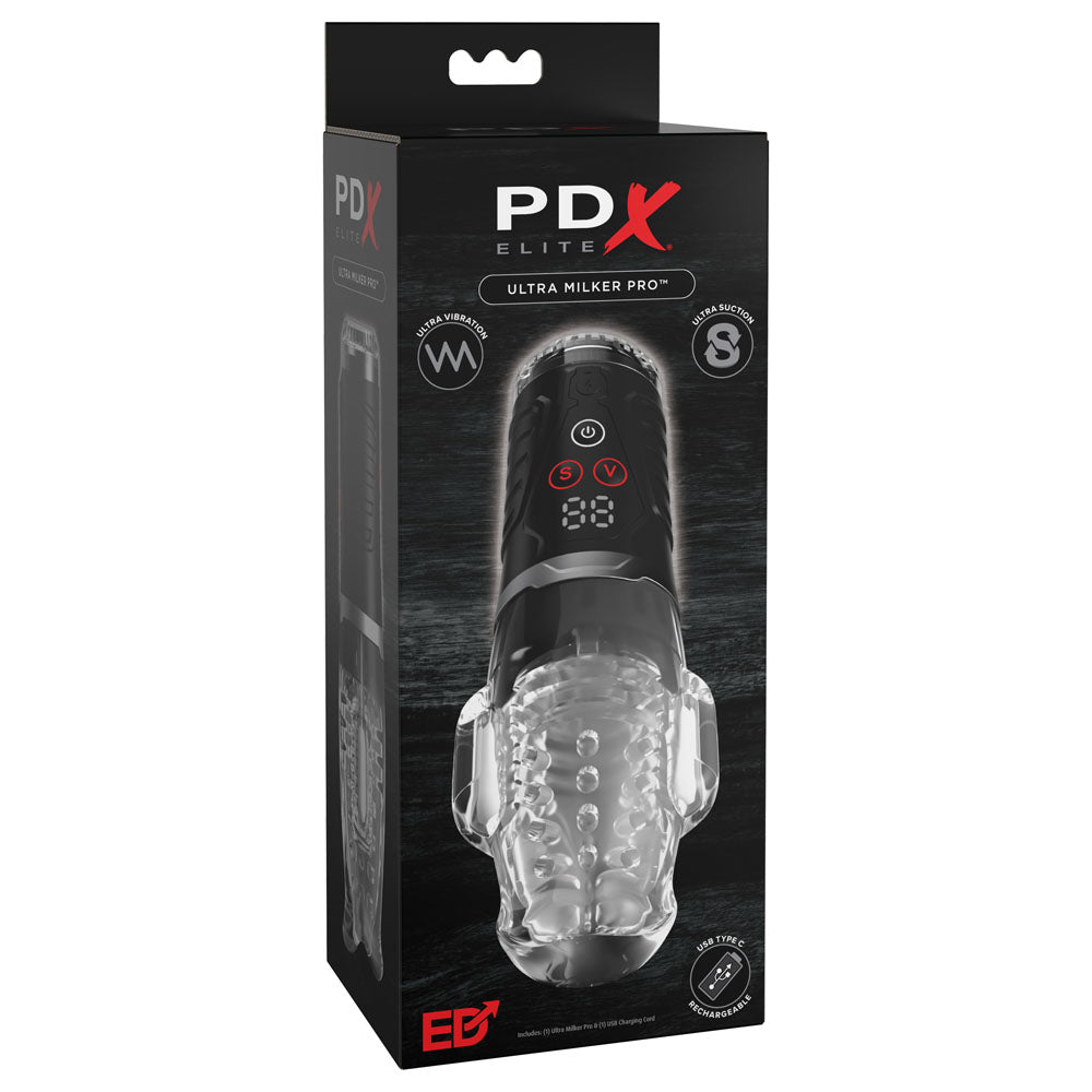 PDX Elite Ultra Milker Pro - Clear USB Rechargeable Vibrating & Sucking Auto Stroker - RD635
