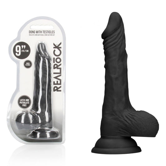 REALROCK 9 Realistic Dong with Balls - Black - Black 22.9 cm Dong - REA096BLK