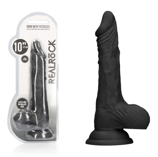 REALROCK 10 Realistic Dong with Balls - Black - Black 25.4 cm Dong - REA097BLK