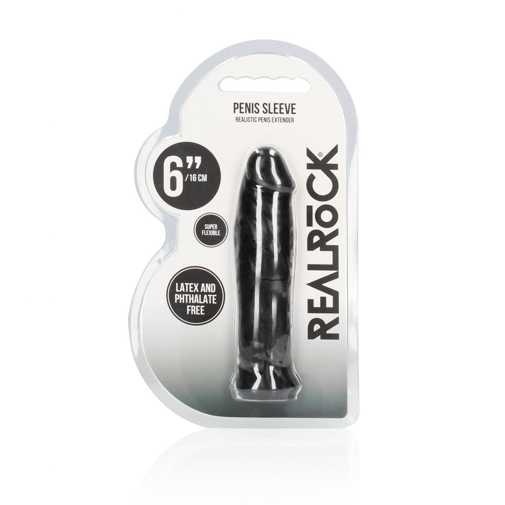 REALROCK 6 Realistic Penis Sleeve - Black - Black 15.2 cm Penis Extension Sleeve - REA105BLK