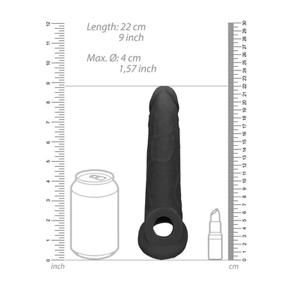REALROCK 9 Realistic Penis Extender with Rings - Black - Black 22.9 cm Penis Extension Sleeve - REA107BLK