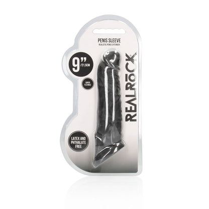 REALROCK 9 Realistic Penis Extender with Rings - Black - Black 22.9 cm Penis Extension Sleeve - REA107BLK