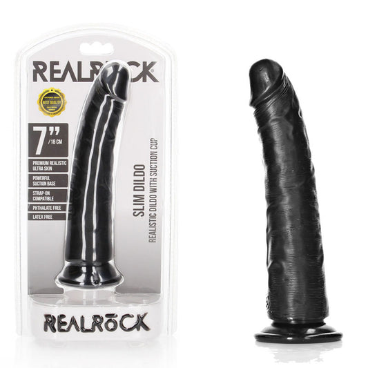 REALROCK Realistic Slim Dildo with Suction Cup - 18cm Black (7'')