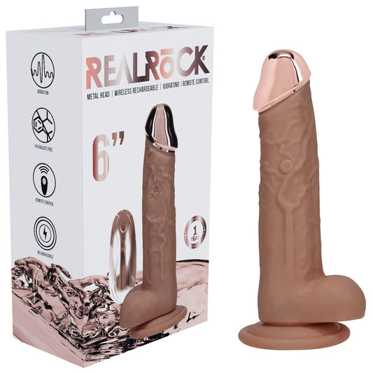 REALROCK Metal Head 6 Rechargeable Dildo - Tan - Tan 16.2 cm USB Rechargeable Vibrating Dildo with Metal Head and Wireless Remote - REA209TAN