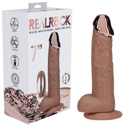 REALROCK Metal Head 7 Rechargeable Dildo - Tan - Tan 19 cm USB Rechargeable Vibrating Dildo with Metal Head and Wireless Remote - REA210TAN
