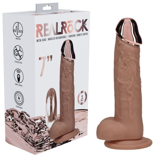 REALROCK Metal Head 7 Rechargeable Dildo - Tan - Tan 19 cm USB Rechargeable Vibrating Dildo with Metal Head and Wireless Remote - REA210TAN