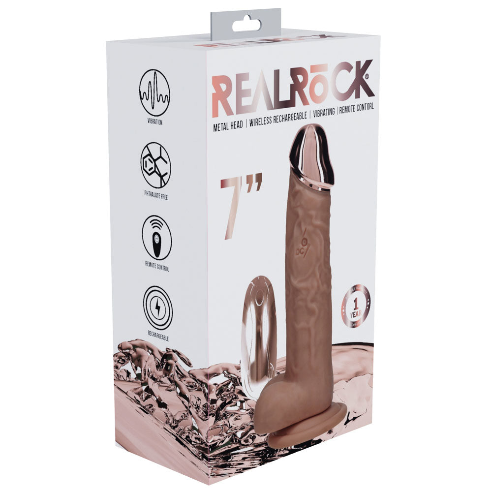 REALROCK Metal Head 7 Rechargeable Dildo - Tan - Tan 19 cm USB Rechargeable Vibrating Dildo with Metal Head and Wireless Remote - REA210TAN