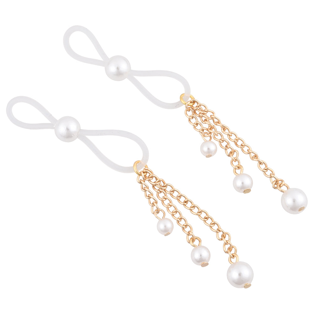 Sex & Mischief Pearl Nipple Ties - Gold/Pearl Nipple Restraints - Set of 2-SS09858