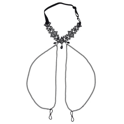 Sex & Mischief Lace Collar with Nipple Ties - Black Neck and Nipple Restraints-SS10104