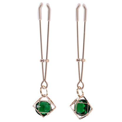 Sex & Mischief Indica Crystal Nipple Clips - Gold Nipple Clips with Emerald Gems-SS10218