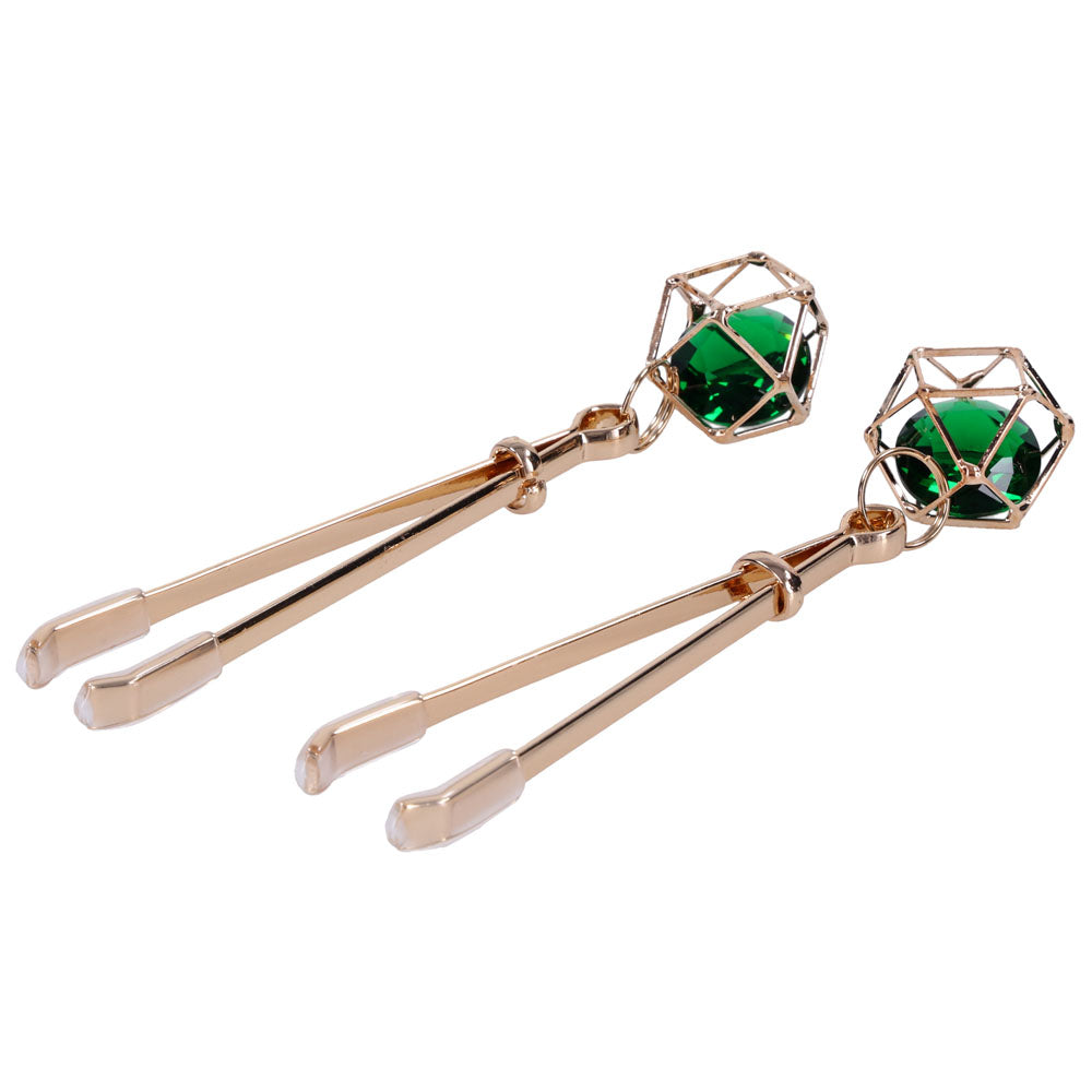 Sex & Mischief Indica Crystal Nipple Clips - Gold Nipple Clips with Emerald Gems-SS10218