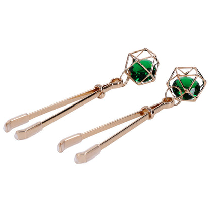 Sex & Mischief Indica Crystal Nipple Clips - Gold Nipple Clips with Emerald Gems-SS10218