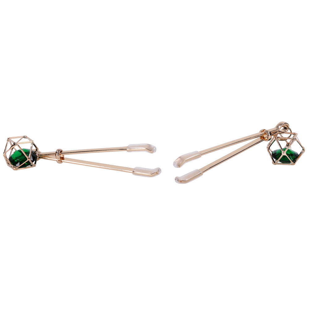 Sex & Mischief Indica Crystal Nipple Clips - Gold Nipple Clips with Emerald Gems-SS10218