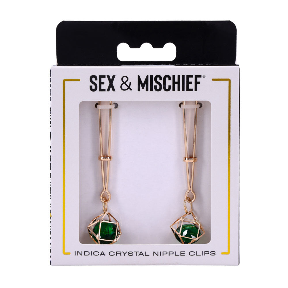Sex & Mischief Indica Crystal Nipple Clips - Gold Nipple Clips with Emerald Gems-SS10218