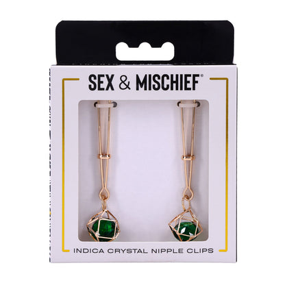 Sex & Mischief Indica Crystal Nipple Clips - Gold Nipple Clips with Emerald Gems-SS10218