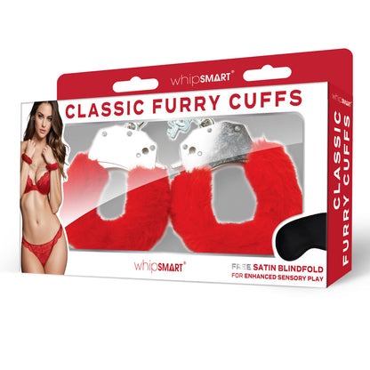 WhipSmart Classic Furry Cuffs - Red - Red Furry Restraints with Bonus Eye Mask-WS1507